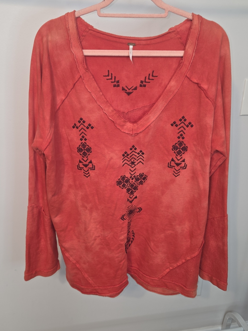 Free People Red V-Neck Embroidered Long Sleeve Top
